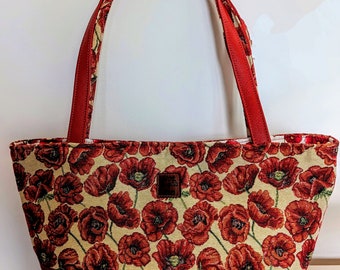 Tapestry Poppies and Red Leather Tote Bag