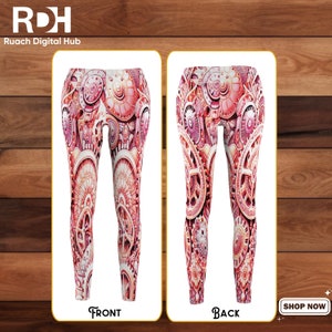 May include: A pair of leggings with a pink and white pattern of gears and cogs. The leggings are shown from the front and back. The text "RDH Ruach Digital Hub" is at the top of the image. The text "Front" and "Back" are at the bottom of the image. The text "Shop Now" is in the bottom right corner of the image.