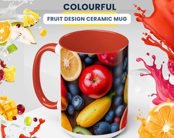 Colorful Fruit Ceramic Mug: Accented Handle Coffee Cup (11oz & 15oz)