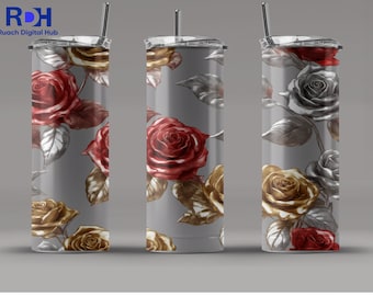 Vintage Rose 20oz Tumbler – Red and Gold Floral Stainless Steel Drinkware