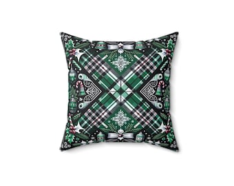 Holiday Plaid Pillow: Green & Black Christmas Ornament Cushion