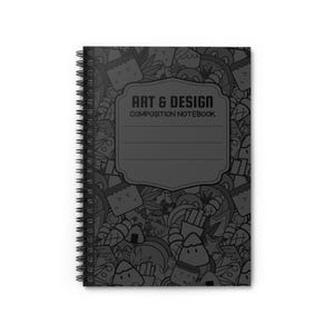 May include: Black and white spiral bound notebook with a doodle pattern on the cover. The cover has the text "Art & Design Composition Notebook".