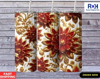 Vaso floral rojo y dorado: taza de viaje térmica de acero inoxidable