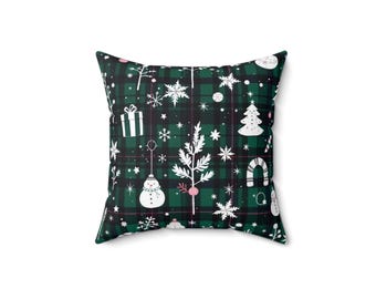 Christmas Plaid Pillow: Snowmen, Trees & Gifts - Holiday Decor