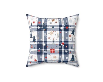 Winter Plaid Pillow: Snowflakes, Trees & Gifts - Holiday Decor