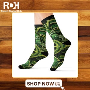 Steampunk Green Wheel Socks: Unisex Sublimation Print, Cushioned Comfort