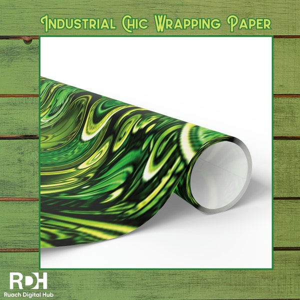 Industrial Chic Wrapping Paper - Green Wheel & Metal Design, Wrapping Paper cog machine metal, Glossy or Matte Finish, Artistic Design wrap