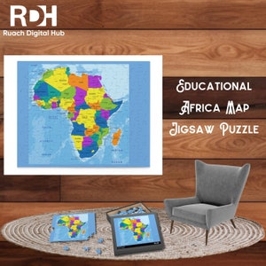 Puede incluir: Un colorido rompecabezas educativo del mapa de África. El rompecabezas se muestra sobre una superficie de madera con el texto "Educational Africa Map Jigsaw Puzzle". También se ven piezas de rompecabezas adicionales y un rompecabezas completo.