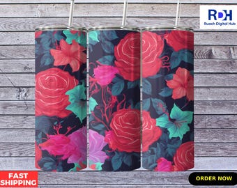 Red Rose Floral Tumbler: Insulated Stainless Steel Travel Mug