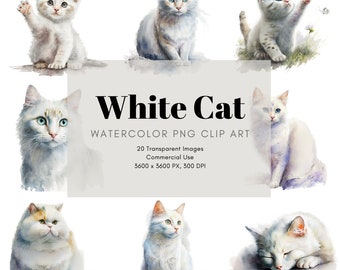 20 Watercolor White Cat High-Quality Transparent PNG Clipart, Cute Cats & Kittens, Kittens with Butterflies Commercial Use, Digital Art, PNG