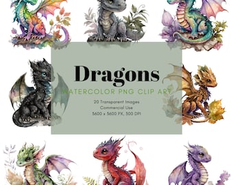20 Watercolor Dragons High-Quality Transparent PNG Clipart, Colourful Fantasy Dragon, Cute Baby Dragons, Commercial Use, Digital Art, PNG
