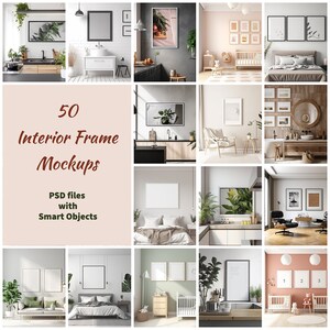Op de afbeelding: 50 interieurlijst mockups met slimme objecten. De mockups tonen verschillende kamers met verschillende lijsten en kunstwerken. De lijsten zijn in verschillende maten en stijlen, en de kunstwerken zijn een mix van schilderijen, foto's en prints.