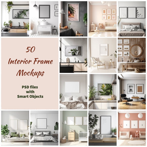 Interior Frame Mockup Bundle, 50 PSD files with Smart Object Layers, Gallery Wall Mockup Bundle.