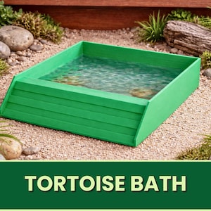 Könnte beinhalten: Ein grünes Schildkrötenbad mit Wasser, eingebettet in eine natürliche Umgebung im Freien. Das rechteckige Bad hat eine abgeschrägte Seite für einen einfachen Zugang. Das Bild enthält den Text "TORTOISE BATH" in einem grünen Banner.