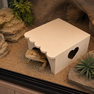 May include: A light-colored wooden reptile hideout featuring a scalloped roof edge and a heart-shaped cutout on the side. A bearded dragon is positioned underneath the structure, which is placed on a sandy substrate inside a glass enclosure.