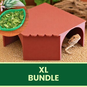 XL Bearded Dragon & Hermanns Tortoise Hide with Leaf Feeding Bowl Bundle – Natural Enclosure Set