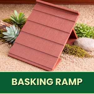 May include: A reddish-brown basking ramp with a slatted design, supported by a triangular frame. The ramp is set on a sandy surface with decorative plants and a stone. The text "BASKING RAMP" is displayed on a green banner.