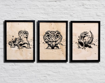 Juego de 3 impresiones de gecko leopardo para pared, ideal para terrarios y amantes de las mascotas.