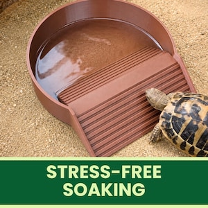 Peut inclure: Un abreuvoir circulaire marron avec une rampe texturée menant au bassin, accompagné d'une petite tortue placée près de la rampe. Le texte STRESS-FREE SOAKING est affiché dans une bannière verte au bas de l'image.
