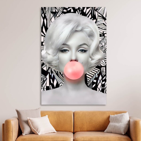 Marilyn Monroe Pink Bubble Gum Canvas Print Art, Marilyn Monroe Poster, Trendy Wall Art, Office Wall Decor, Ready to Hang, Black and White