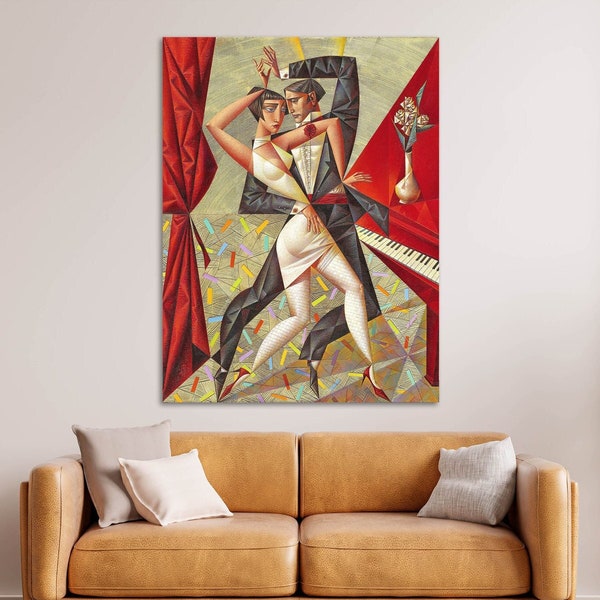 Tango Cubism Dancer Couple Abstract Canvas Print Art, Unique Geometric Tango-Jazz Painting, Art Deco Inspired Tango Dancers, Ready to Hang