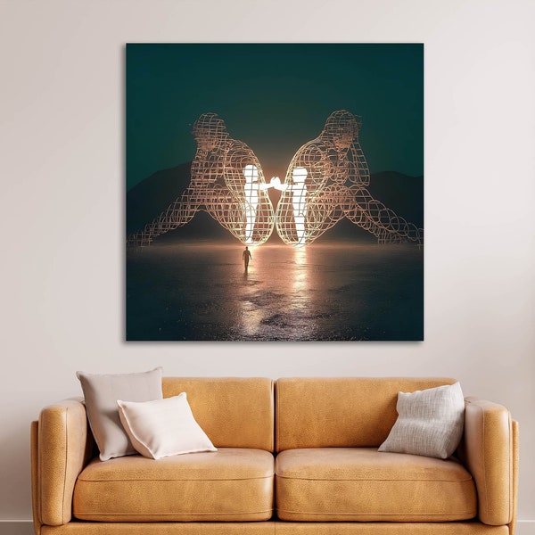 Two People Turning Their Backs on Each Other at Burning Man Canvas Print, Inner Child Sculpture, Trendy Wall Art, Romantic Gift Idea