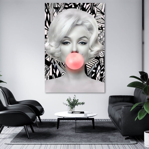 Marilyn Monroe Pink Bubble Gum Leinwanddruck Kunst, Marilyn Monroe Poster, Trendige Wandkunst, Bürowanddekoration, fertig zum Aufhängen, schwarz und weiß