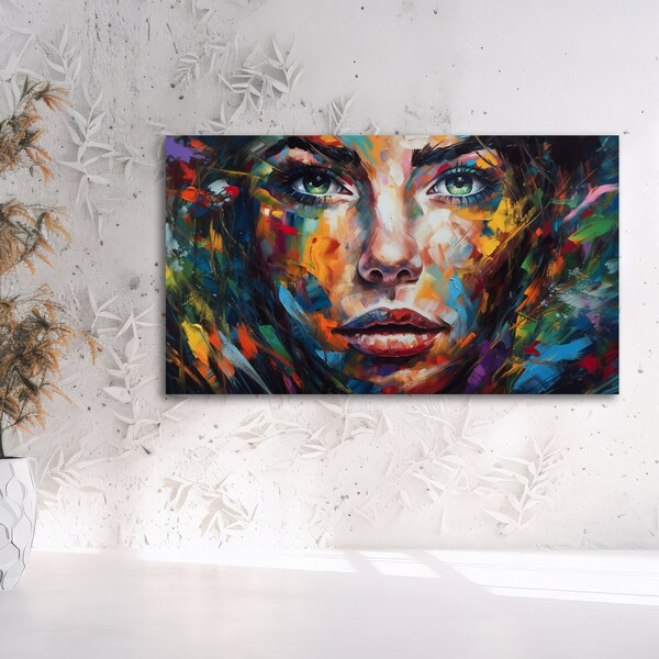 Art mural coloré visage de femme, portrait de femme imprimé sur toile, grande oeuvre d'art murale, décoration murale oeil de femme, art mural contemporain