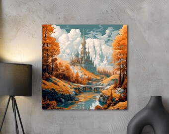 Castle in the Forest Print on Canvas, Fantasy Art, Surreal Wall Art, Nature Art, Mountain Wall Art, Poster, Contemporary  Art