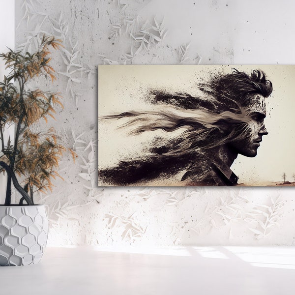 Abstract Man Print on Canvas, , Particle-infused Wall Art, Dust Formed Head Portrait, Surreal Dust Composition Poster, Gift For Him