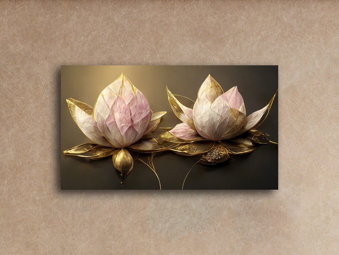 Elegant Golden Lotus Flowers Wall Decor, Handcrafted Canvas Print of