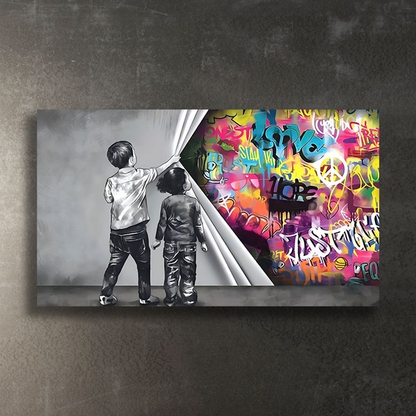 Achter het gordijn stedelijke graffiti kunst canvas print, Banksy stijl canvas kunst aan de muur, straat poster kunst, moderne canvas print kunst, muur decor