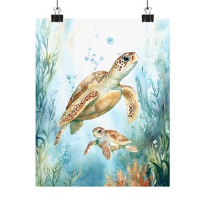 Turtle wall art, sea turtle print, boho nursery decor, ocean animal , watercolor marine life, mother baby turtle art, coastal wall decor