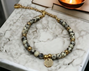 Bracelet pierre naturelle et acier inoxydable, bohème chic bracelet jaspe dalmatien pour dames