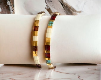 Conjunto de dos pulseras miyuki tila ajustables en hilo de seda dorado conjunto de 2 ideas de regalos hechos a mano para mujeres