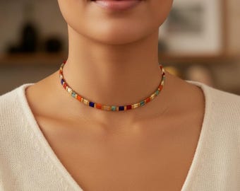 Collier Miyuki Multicolore Plaqué Or 24k, Choker Perles Tila, Collier Minimaliste Doré, Collier Ras du Cou, Collier Fin Acier Inoxydable