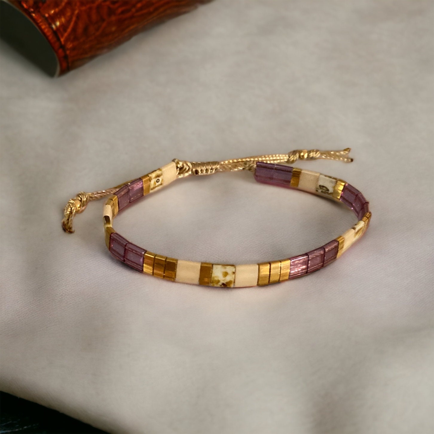 Bracelet Ajustable En Perles Miyuki Tila Noir/mauve/doré - Fait Main, Style Bohème