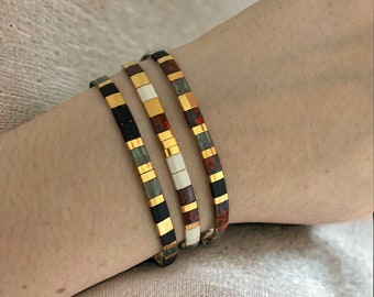 Set of three fancy miyuki tila sliding bracelets stack of bracelets handmade gift idea