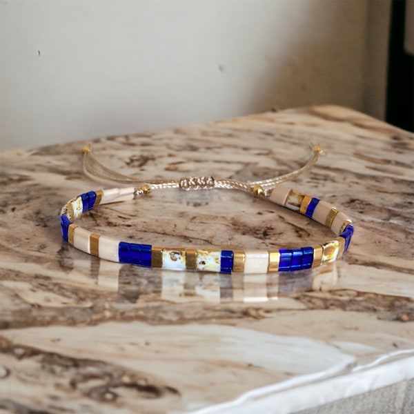 Miyuki tila bracelet on silk cord, caramel cobalt and 24k gold plated