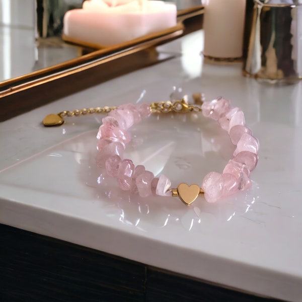 Bracelet fantaisie chips de quartz rose pour femmes, pierres semi précieuses idée cadeau st Valentin pour femme