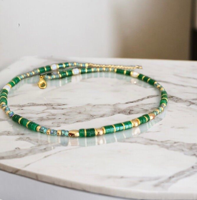Collier chaîne anneau et petit prisme Agate verte Argent 925
