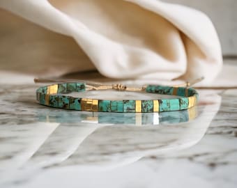 Turquoise and gold miyuki tila bracelet on gold thread with sliding knot, Japanese glass beads and 24k gold plating