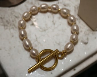 Cultured pearl bracelet and stainless steel T clasp, birthday gift idea for women