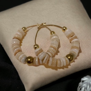 Stainless steel hoop earrings and mother-of-pearl heishi beads, handmade earrings for women
