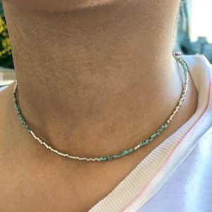 Miyuki turquoise and silver choker necklace, minimalist pearl necklace for women