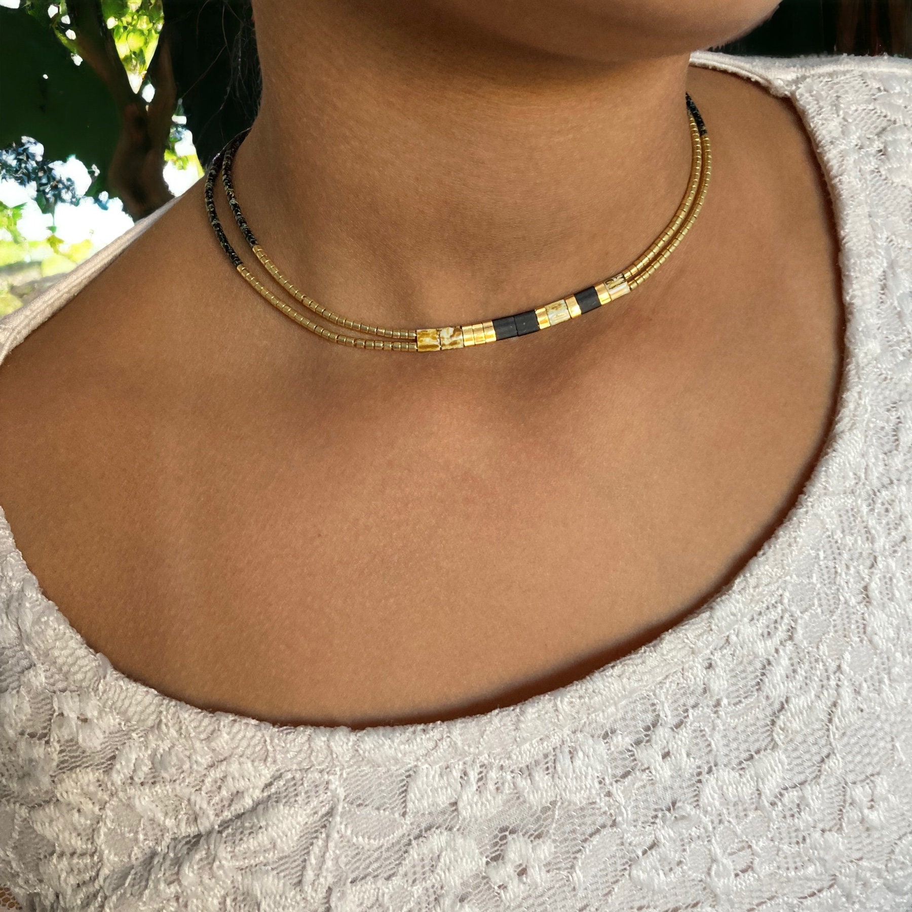 Double delicate miyuki and tila necklace, genuine Japanese pearl necklace in black and 24 carat gold plate