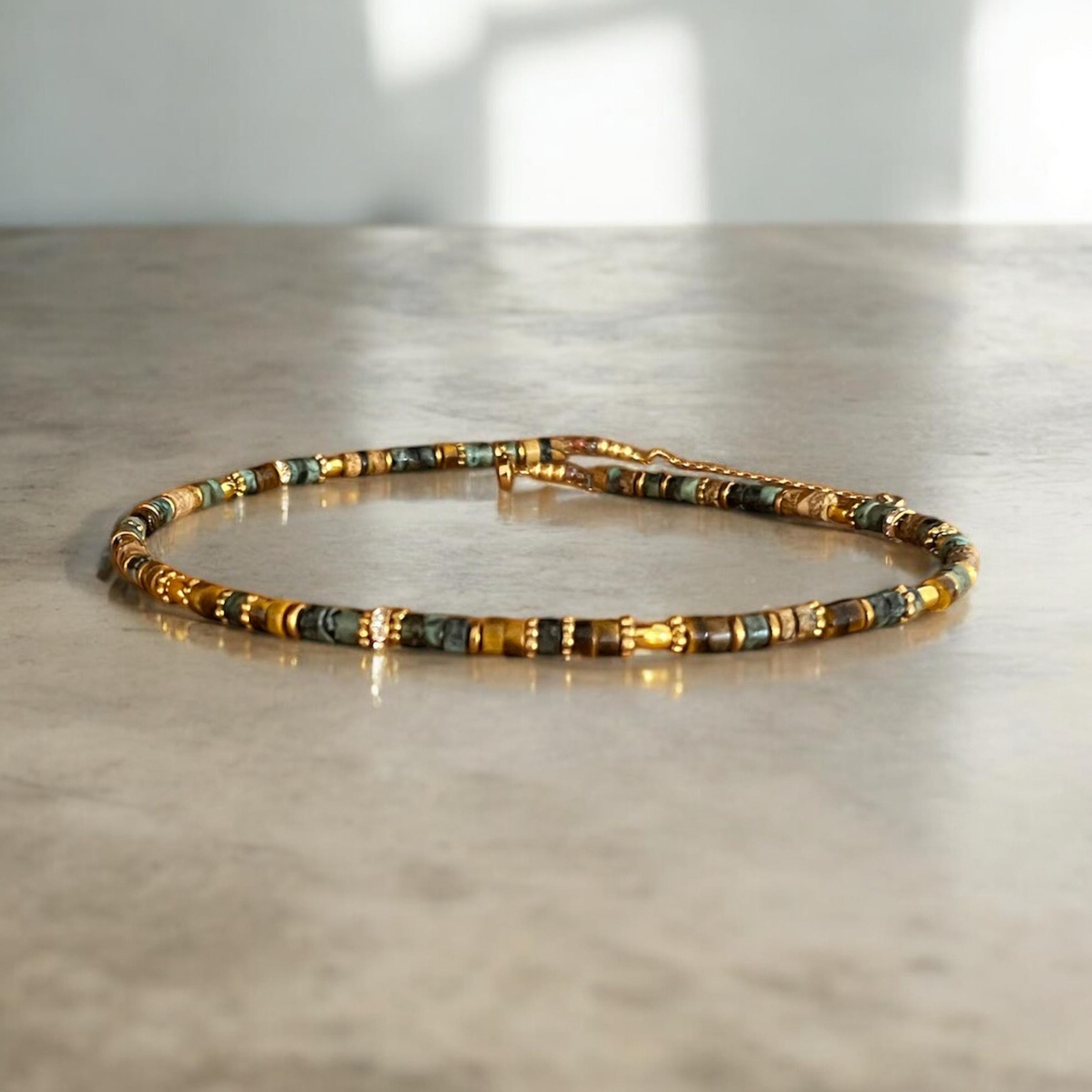 Semi-precious stone necklace - African turquoise, tiger's eye, hematite - Handmade jewelry - Women's gift - Gold-plated stainless steel