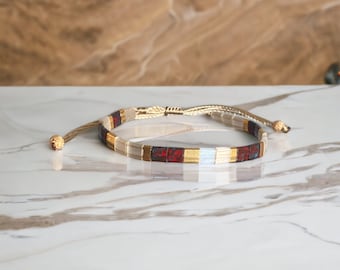 Bracelet bohème chic miyuki tila ajustable sur fil de soie bracelet plaquée or 24 carats noeud coulissant