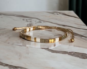 Adjustable Miyuki tila bracelet on silk thread with 24-carat gold-plated beads, boho fantasy bracelet for women