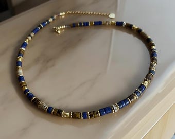 Collar de piedras semipreciosas - lapislázuli, ojo de tigre, hematita - Joyería artesanal - Regalo para mujer - Acero inoxidable bañado en oro